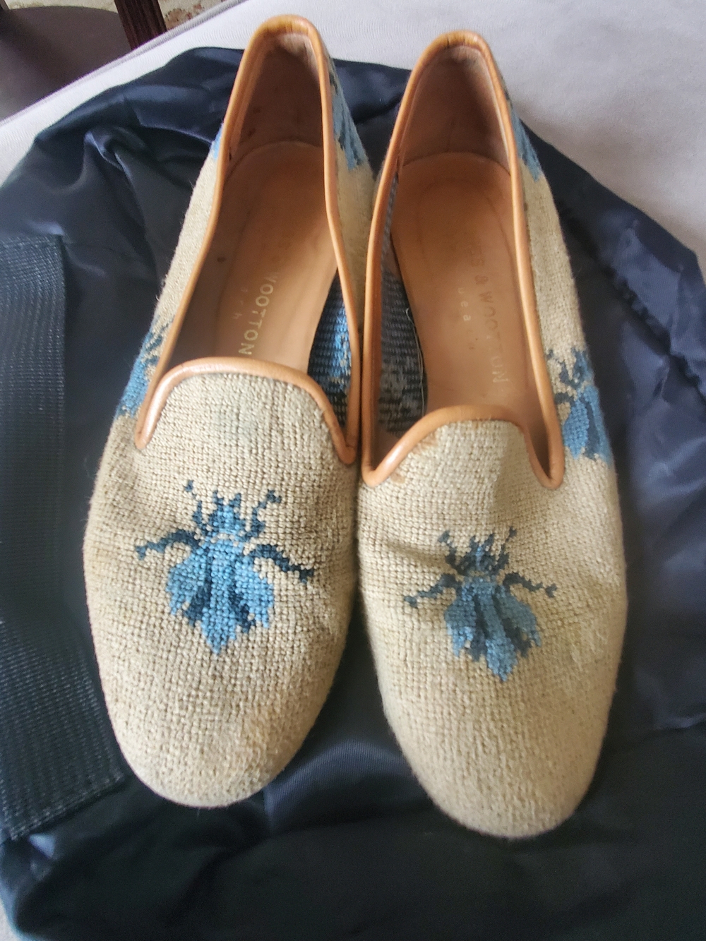 Stubbs & Wootton Beige Needlepoint Flats with Blue Floral Motif
